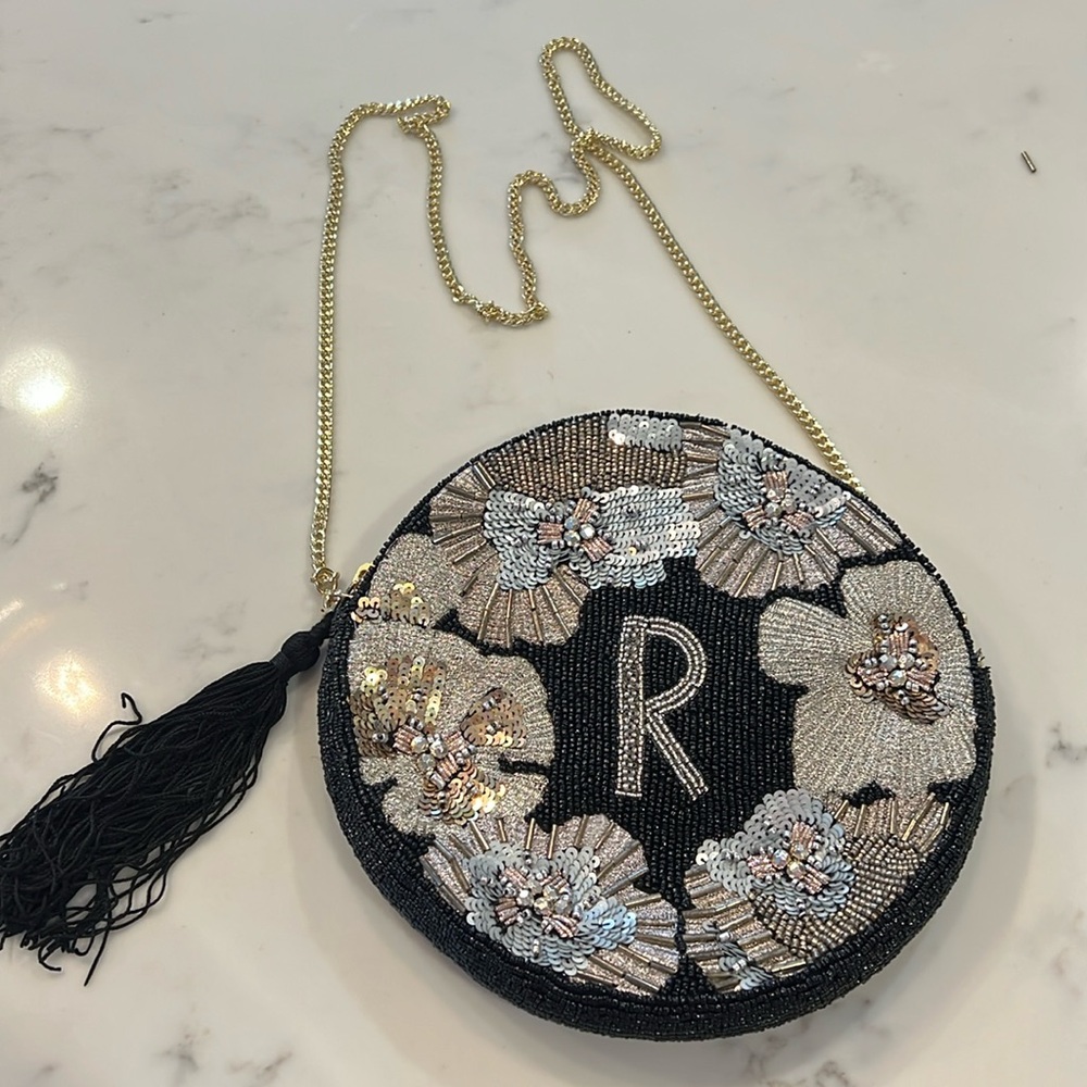 Anthropologie “R” Beaded Clutch with Gold Chain Strap